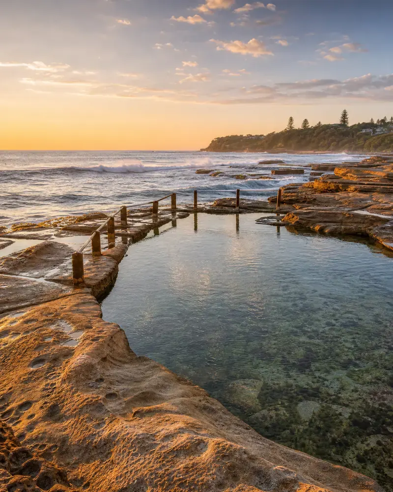 Cronulla coastline and ocean rock pool at golden hour