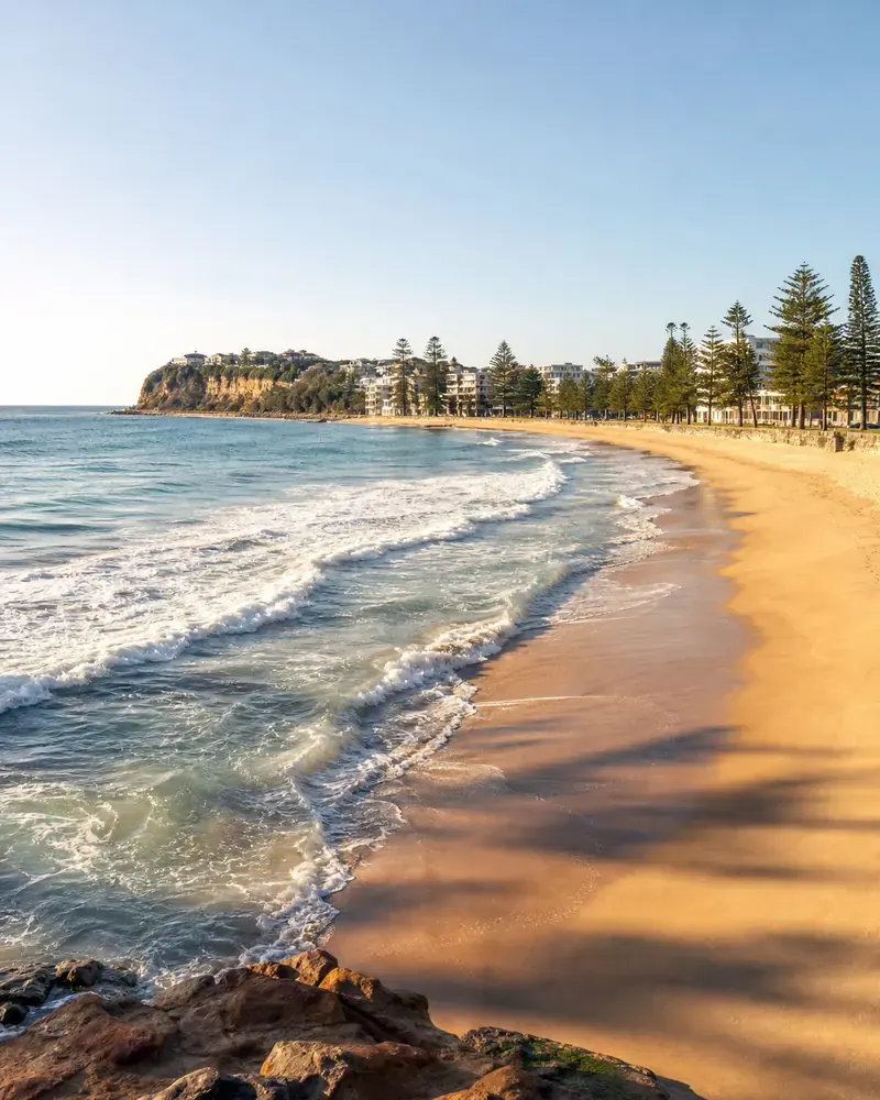 Manly Beach coastline with golden sand and ocean surf